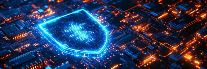 Blue digital shield, glowing firewall, secure encrypted circuit boards, robust cybersecurity defense, technology protection concept