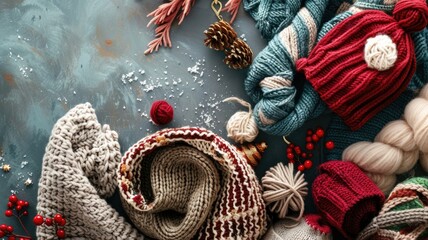 Naklejka premium Cozy winter knits with Christmas ornaments and candlelight.
