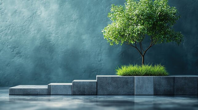 a conceptual image showcasing urban greenery featuring a minimalist arrangement of geometric cubes in varying sizes and a single lush tree the image provides ample copy space for customization