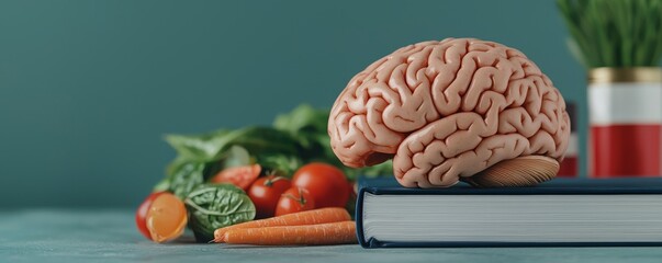 Brain model on a book with vegetables in the background, green backdrop.