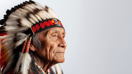 Obraz premium Indianischer Ältester in traditioneller Kopfbedeckung für kulturelles Erbe und Bildung