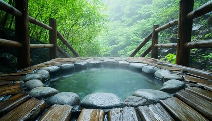 Serene hot tub surrounded by lush greenery and misty atmosphere.