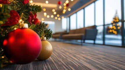 Festive red and gold Christmas baubles hanging on a Christmas tree branch against a snowy winter landscape visible through a frosty window  The warm glow of the holiday