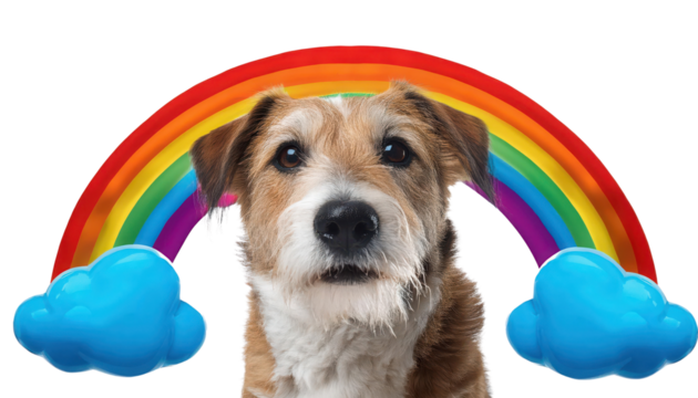Dog under a colorful rainbow design. transparent