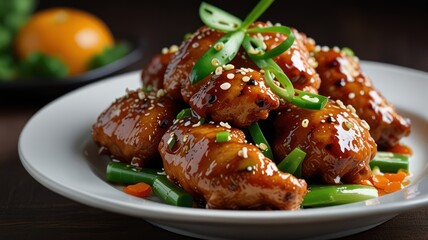 Fototapeta premium A plate of glazed chicken wings with sesame seeds and green onions.