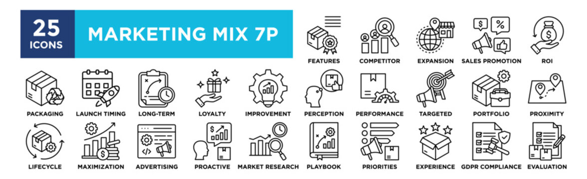 Marketing Mix 7P icon collection set. Containing design marketing, product, business, promotion, price