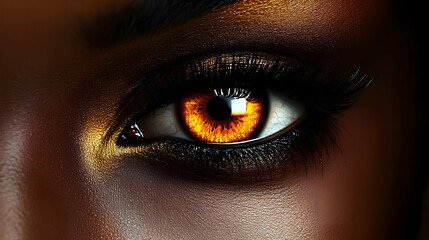 Close-up of a Woman's Eye with Gold Glitter Eye Shadow and Long Eyelashes