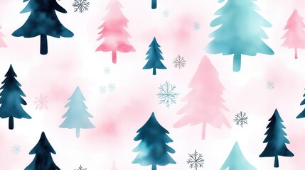 Obraz premium Minimalist Scandinavian winter landscape with pastel pink blue and green abstract Christmas trees and delicate snowflake patterns on a white background Cozy festive and whimsical holiday scene