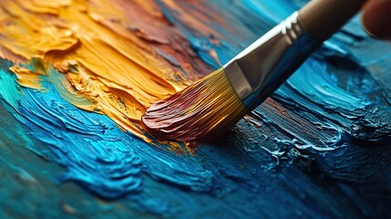 Fototapeta premium a detailed view of a hand holding a paintbrush artistically applying vibrant thick layers of colorful paint on a canvas symbolizing the creative process in art therapy.create by F.a