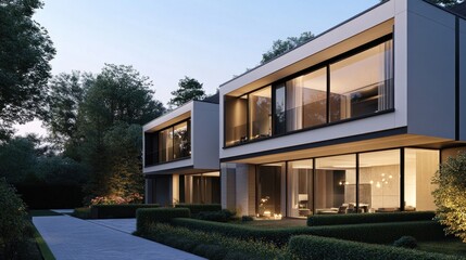 Modern townhouse with a simple design. Characterized by a flat roof Large floor-to-ceiling windows and neutral color tones Modern architecture emphasizes the use of every space in a cost-effective and