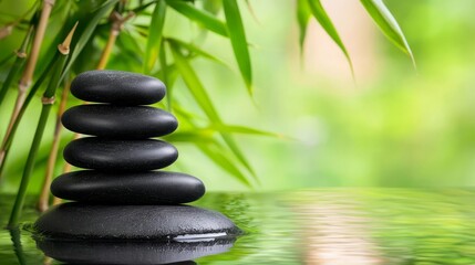 Obraz premium Stacked black stones with green bamboo leaves in a serene environment.
