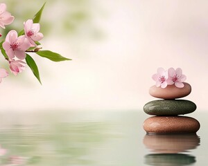 Stacked stones with delicate flowers, tranquil nature scene, peaceful ambiance.