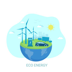 Alternative Clean Energy Concept with Wind Turbines and Solar Panels. Electric car charging its battery, concept illustration for green environment. Vector illustration in flat style.