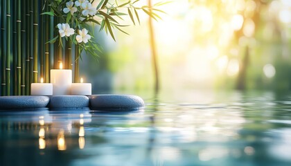 Tranquil spa scene with candles, stones, and bamboo in serene water setting.