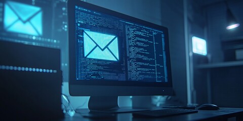 Desktop monitor email display, email symbol graphic, plain white background, focus on communication and digital interaction