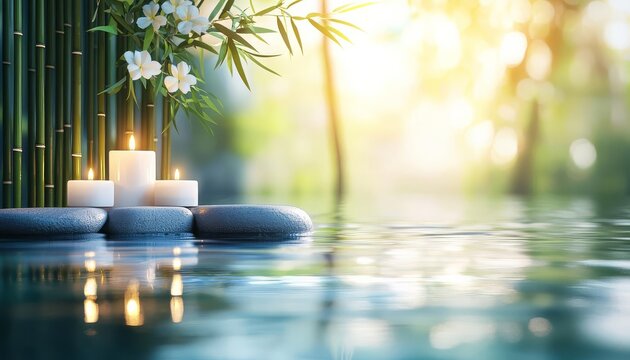 Tranquil spa scene with candles, stones, and bamboo in serene water setting.