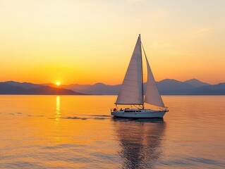 Sailboat cruising during sunset on calm waters, with vibrant colors in the sky.