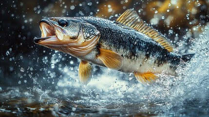 a dynamic image capturing the moment a black bass leaps energetically from the surface creating a dramatic splash symbolizing the thrill of sport fishing.create by F.a