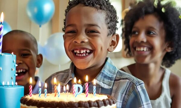 portrait of a small boy smiling happily celebrating his birthday