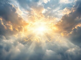 Fototapeta premium Dramatic clouds with sunlight breaking through, creating a beautiful sky scene.