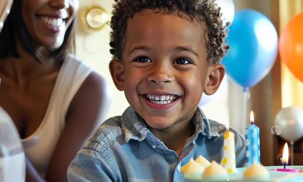 An enchanting portrait capturing the exuberant joy of a young boy, his radiant smile illuminating the scene as he jubilantly celebrates his special birthday with evident happiness