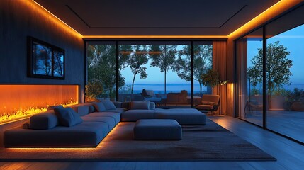 a futuristic ai smart home interior featuring augmented reality interfaces,iot devices seamlessly integrated for automated control and connectivity.create by F.a