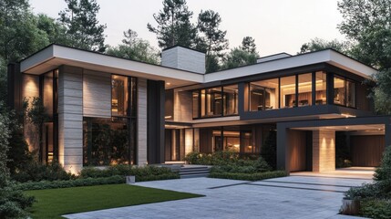 Modern townhouse with a simple design. Characterized by a flat roof Large floor-to-ceiling windows and neutral color tones Modern architecture emphasizes the use of every space in a cost-effective and