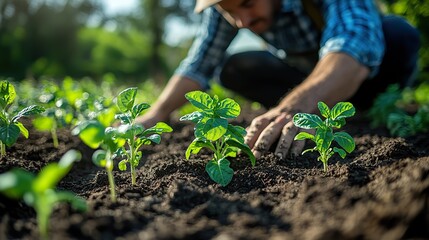 a gardener tends to young plants in a sunny spring garden preparing soil and planting seedlings to cultivate a homegrown food crop.create by F.a