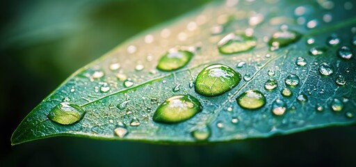 Vibrant green leaf glistening with morning dew, showcasing nature's beauty. Close-up view captures freshness and vitality, highlighting intricate water droplets