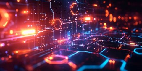 Obraz premium Futuristic Geometric Harmony, a dark backdrop illuminated by interlocking glowing hexagons and fluid polygonal shapes, creating a mesmerizing design