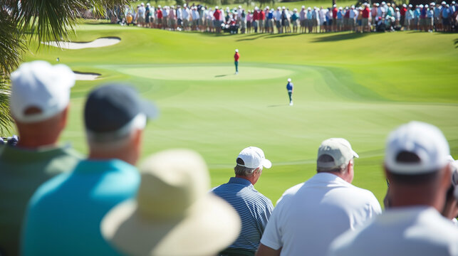 image captures vibrant golf tournament scene, showcasing large crowd of spectators watching players on green