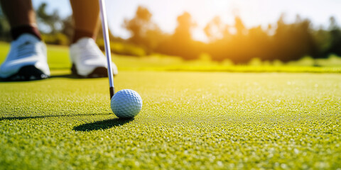 golfer prepares to putt on sunny day, focusing intently on white golf ball resting on vibrant green grass. scene captures essence of perfect day for golf. 