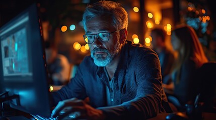 Obraz premium a group of business people in an office at night using computer.illustration