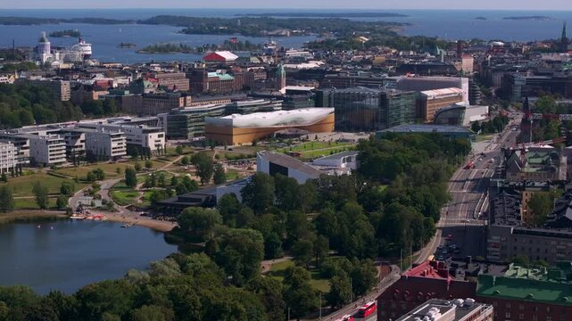 Aerial view of Helsinki, Finland showcasing the city's architecture, parks, and the Baltic Sea. The camera pans smoothly across the cityscape