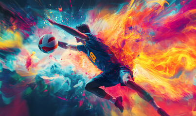 Obraz premium Dynamic Volleyball Action with Neon Lights and Abstract Geometric Patterns for Futuristic Sports Branding
