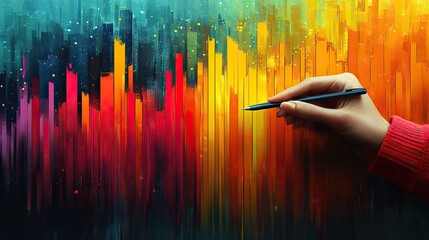 a hand gripping a pen poised to write on a colorful abstract graph symbolizing the process of sustainability reporting depicted in a stylized digital illustration.stock image