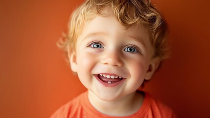 Naklejka premium A baby girl with curly hair smiles brightly at the camera.