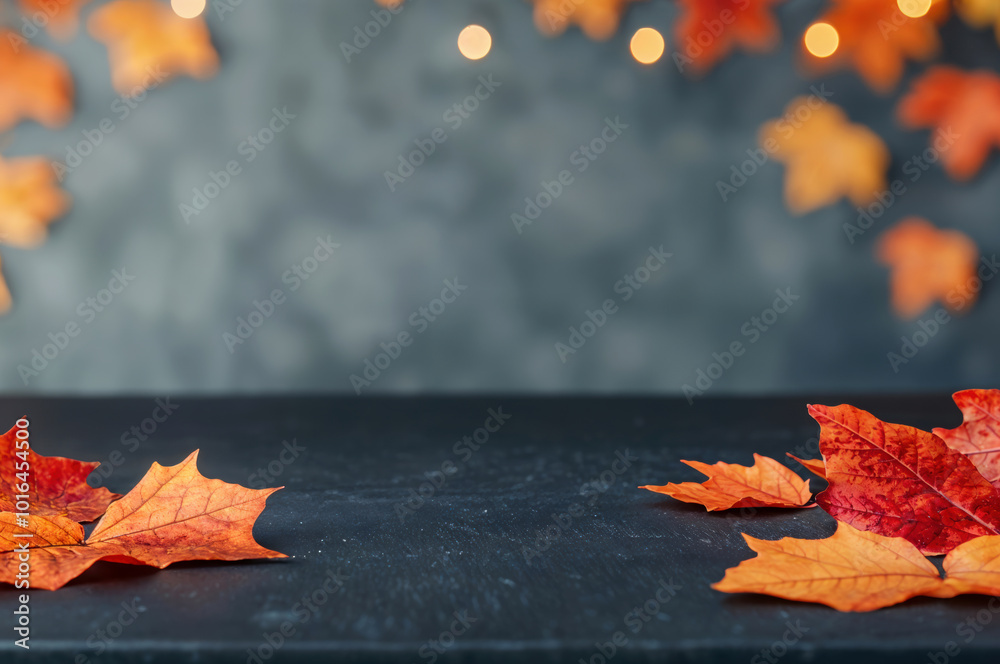 Wall mural Empty black table decorated with autumn maple leaves with blurred lights in the background