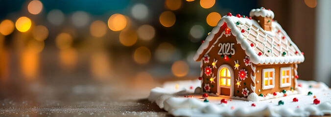 Gingerbread house with New Year numbers 2025 on a cozy background of golden blurred lights and...