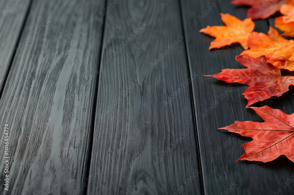 Poster simple autumn background with colorful maple leaves lying on an empty black wooden table
