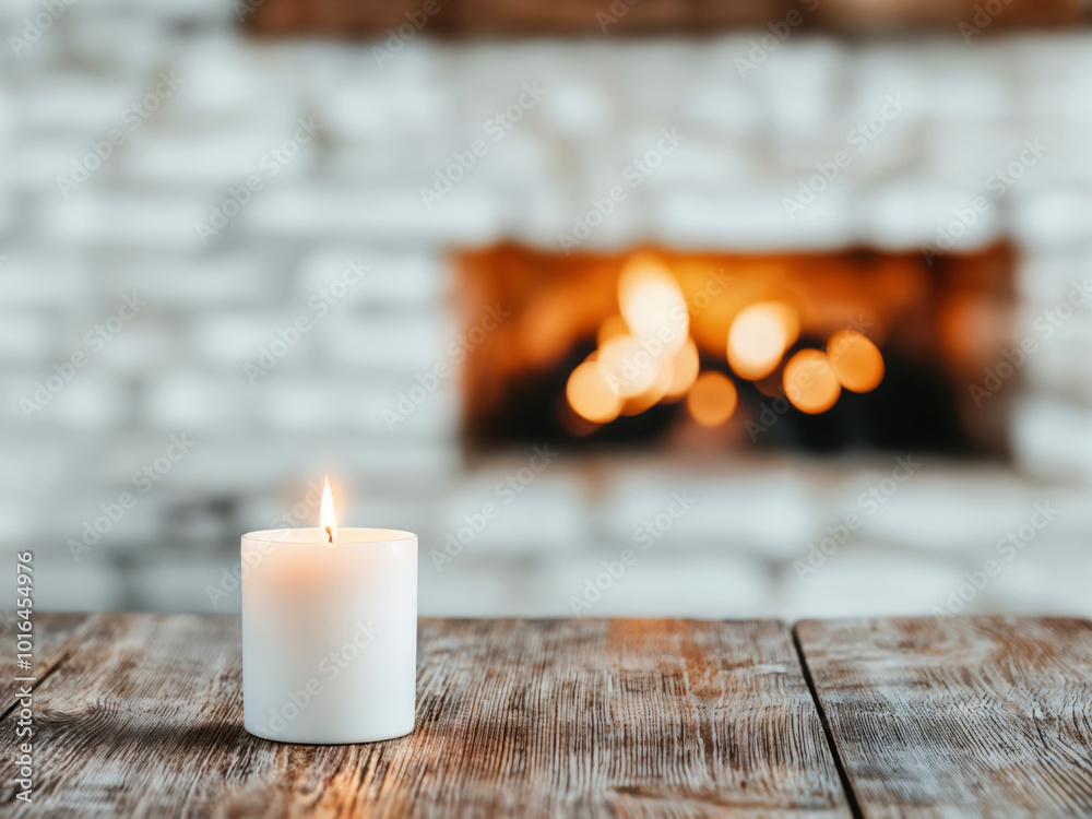 Poster White candle burning on an empty wooden table with a fireplace in the background, creating a cozy and inviting atmosphere