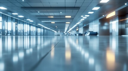 A long, empty hallway with shiny, reflective floors and bright lights. The hallway is illuminated by multiple overhead lights, giving it a sterile, modern feel.