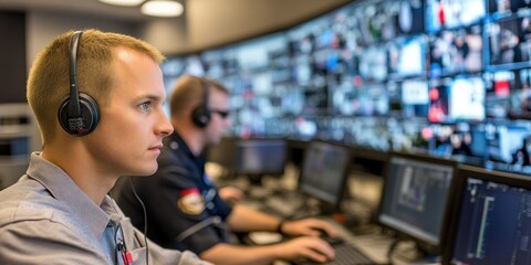 Obraz premium Professional team in call center control room Wear a headset and work on the computer. while a large screen shows city roads and traffic lights. environment with technology