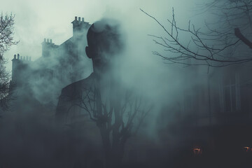 Scary sinister zombie wandering in street with lighting on Halloween