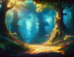 Naklejka premium A beautiful fairytale enchanted forest with big trees and great vegetation. Digital painting background