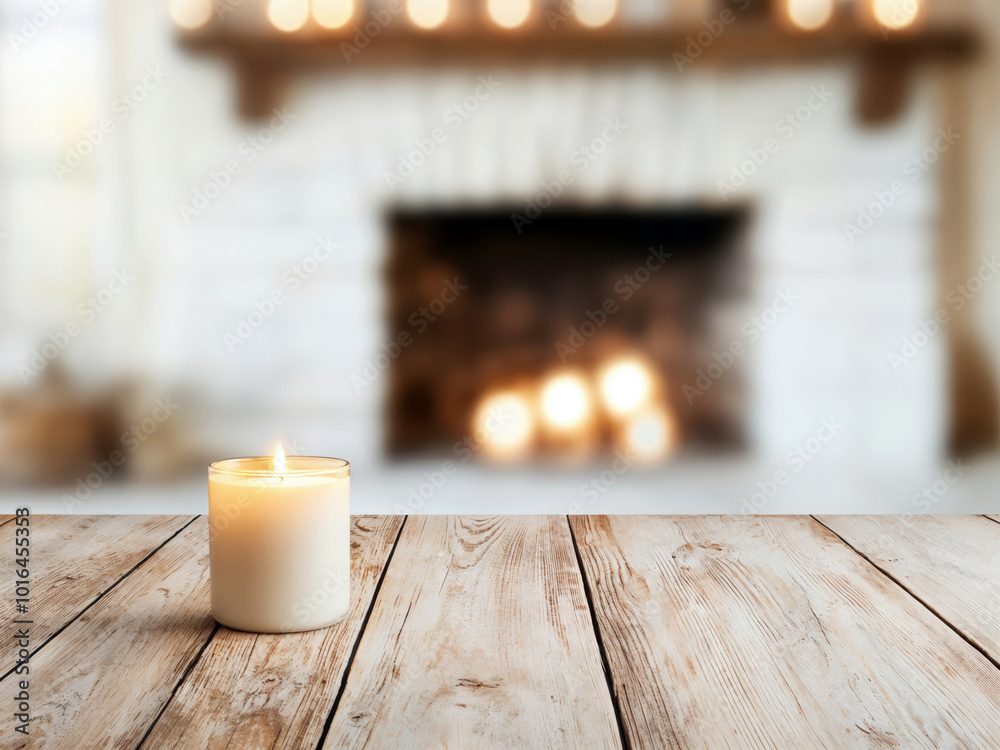 Poster single white candle burning on a rustic wooden table with a cozy fireplace in the background, creati