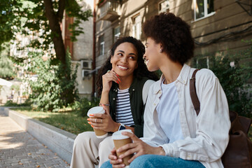 Two happy women chat and sip coffee outdoors, sharing laughter and enjoying a sunny day in the park.