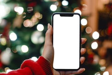 Close up black smartphone with blank screen in woman hand. Digital phone mock up. Christmas online shopping. Mobile phone with empty screen on background of Christmas tree lights. Tablet. Copy space