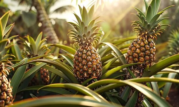 A pineapple farm bathed in the warm hues of sunset, with rows of pineapples silhouetted against the glowing sky, creating a picturesque and serene scene