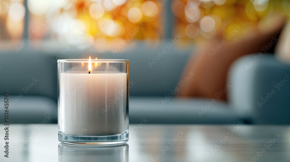 Poster burning candle is casting a warm glow on an empty table in a cozy living room, creating a peaceful a